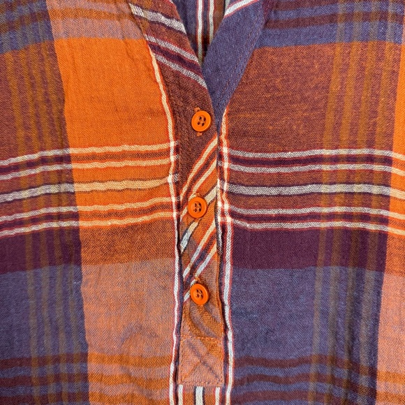 Garnet Hill Organic Cotton Batwing Button Front Gauze Top Orange Purple Plaid 12 - Picture 5 of 8
